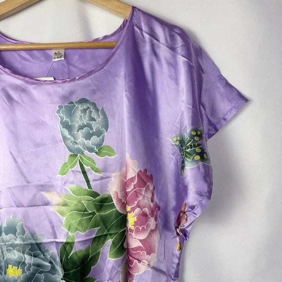 Boutique Purple Floral Satin Chinese Short Sleeve Mini Dress S - Picture 3 of 4